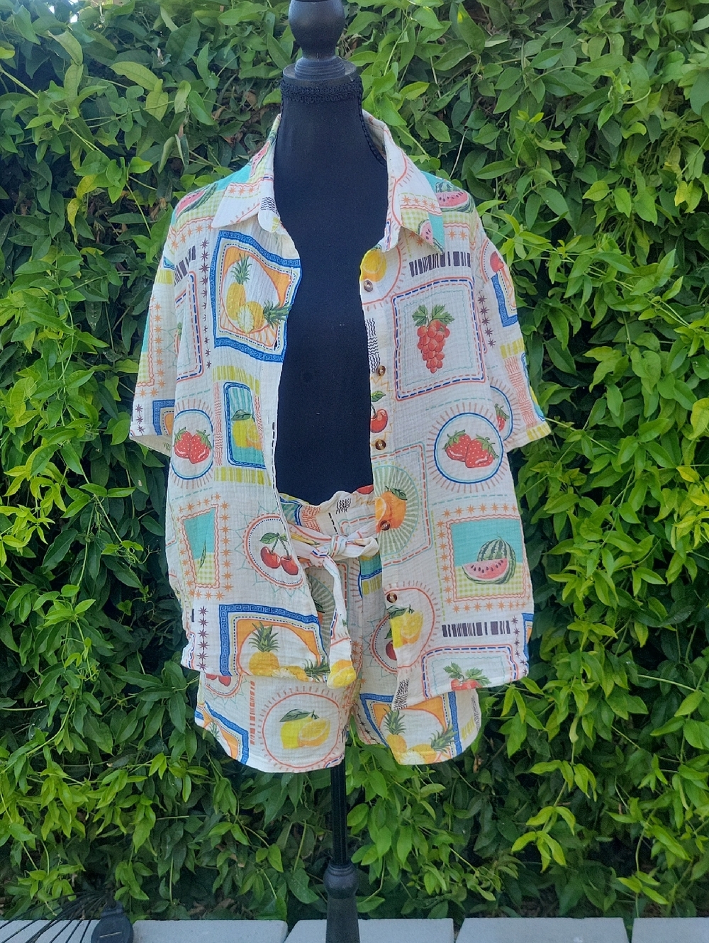 Tropical 100% Cotton Fruit Print Button-Up Shirt and Tie-Front Shorts Set